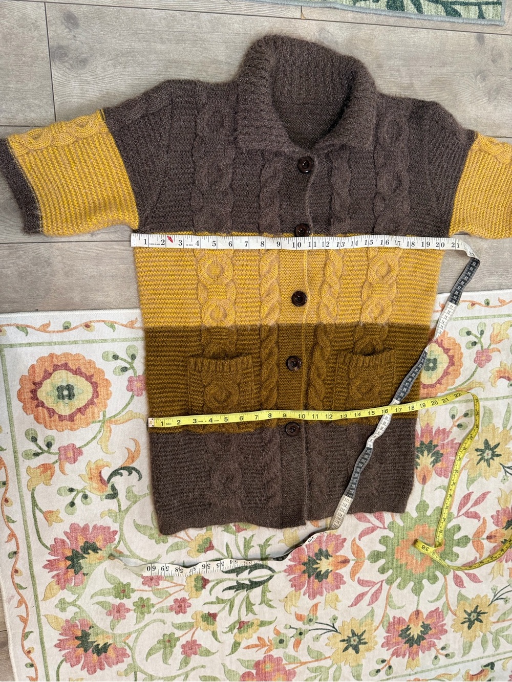 VTG Colorblock Cable Knit Short Sleeve Cardigan Brown Mustard Cottagecore Large - Picture 11 of 16